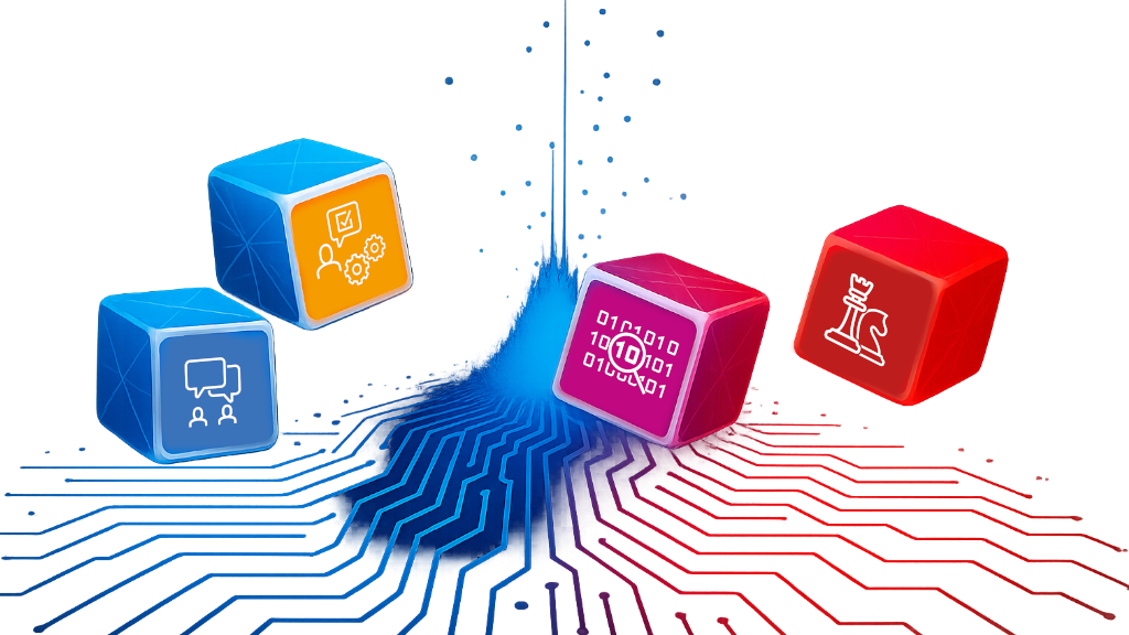 Vier bunte Würfel mit Symbolen zu Kommunikation, Team, Zahlen/Code und Schachfokus; elektronisch geprägtes Diagramm.