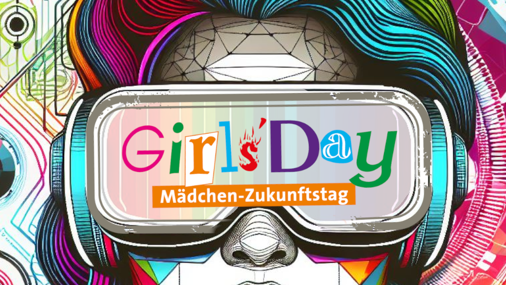 Das bunte Girls Day Logo auf einer VR Brille, die von einer Frau mit bunten langen Haaren getragen wird