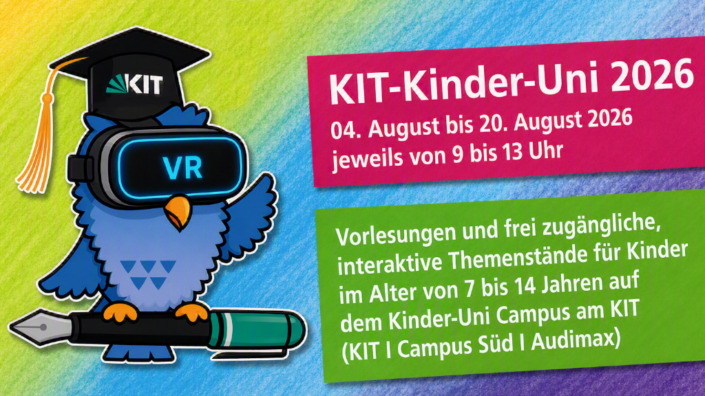 Werbebanner zur KIT-Kinder-Uni 2026 mit einer VR-Brille tragenden Eule in Doktorhut.