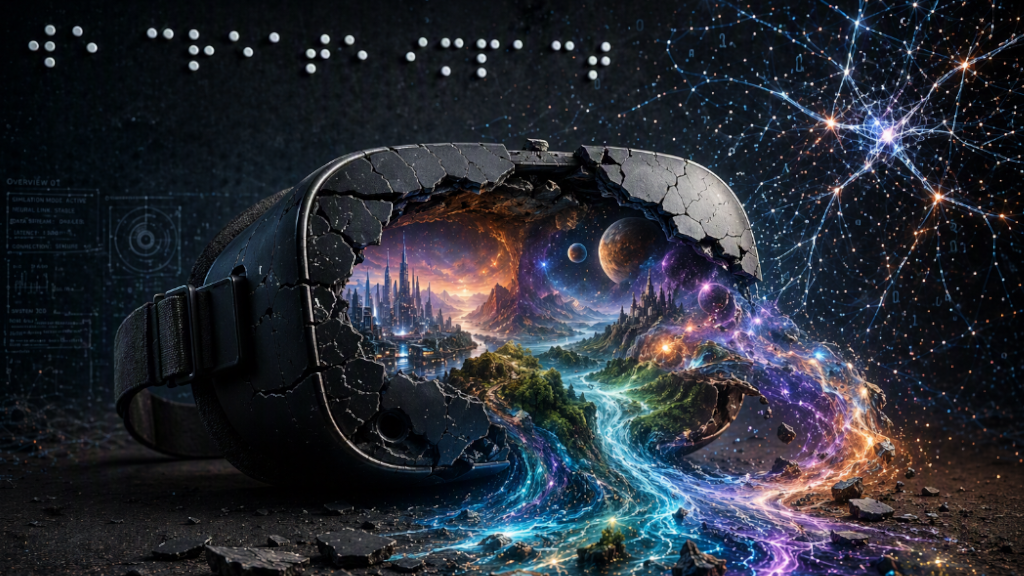 Zerbrochenes VR-Headset, aus dem eine fantastische, leuchtende Welt mit Städten und Galaxien fließt. Im Hintergrund steht an der Wand in Braille: We create impact