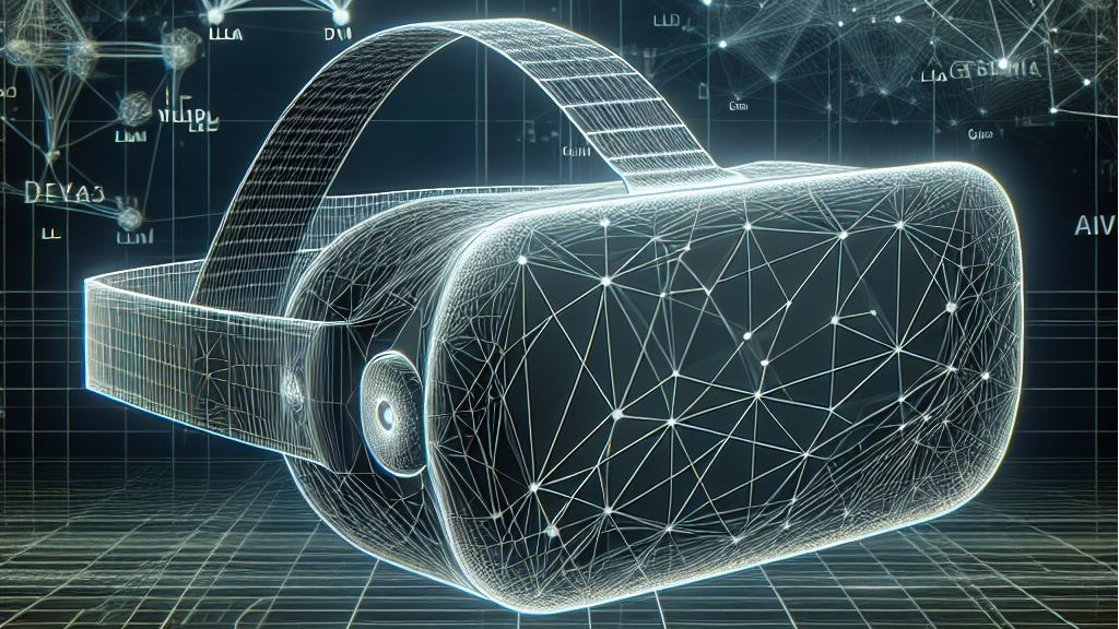 Ein Virtual-Reality-Headset aus leuchtenden Linien und Punkten, das ein dreidimensionales Gittermuster bildet, vor einem dunklen, futuristischen Hintergrund.