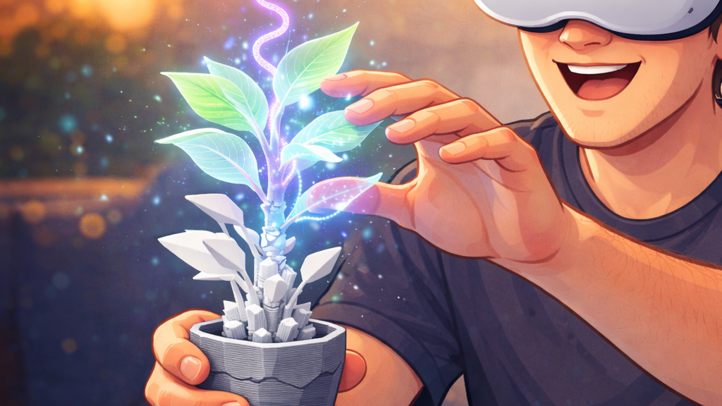 Im Fokus: Eine Pflanze, die unten 3D gedruckt ist und nach oben hin virtuell wird und in Neonfarben leuchtet. Die Pflanze wird von einer Person mit VR Brille gehalten.