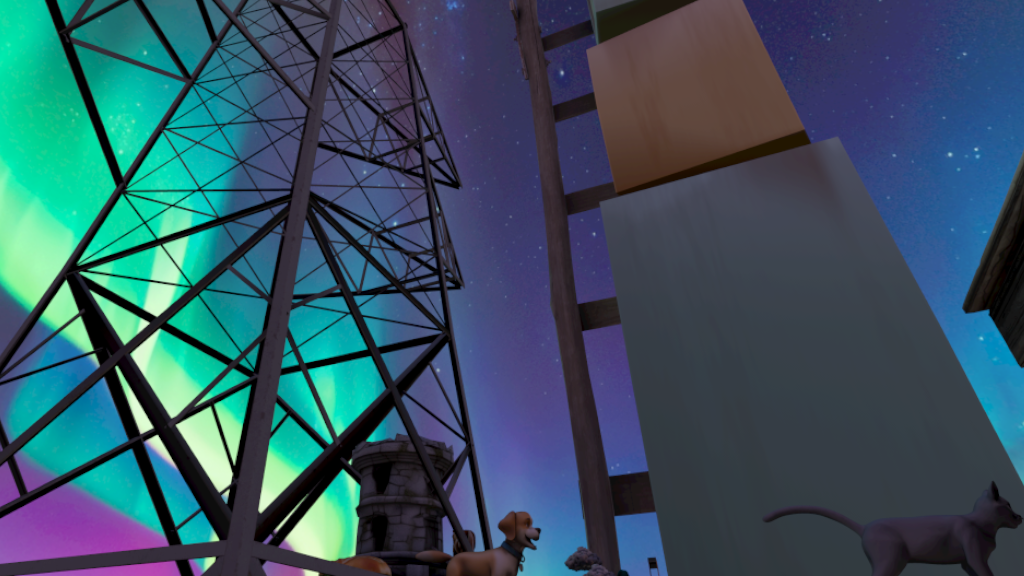 Virtuelle Welt: Drahtmast, Turmkonstruktion vor nächtlichem Himmel mit Nordlichtern; kleine Hund und Katzen am unterem Rand